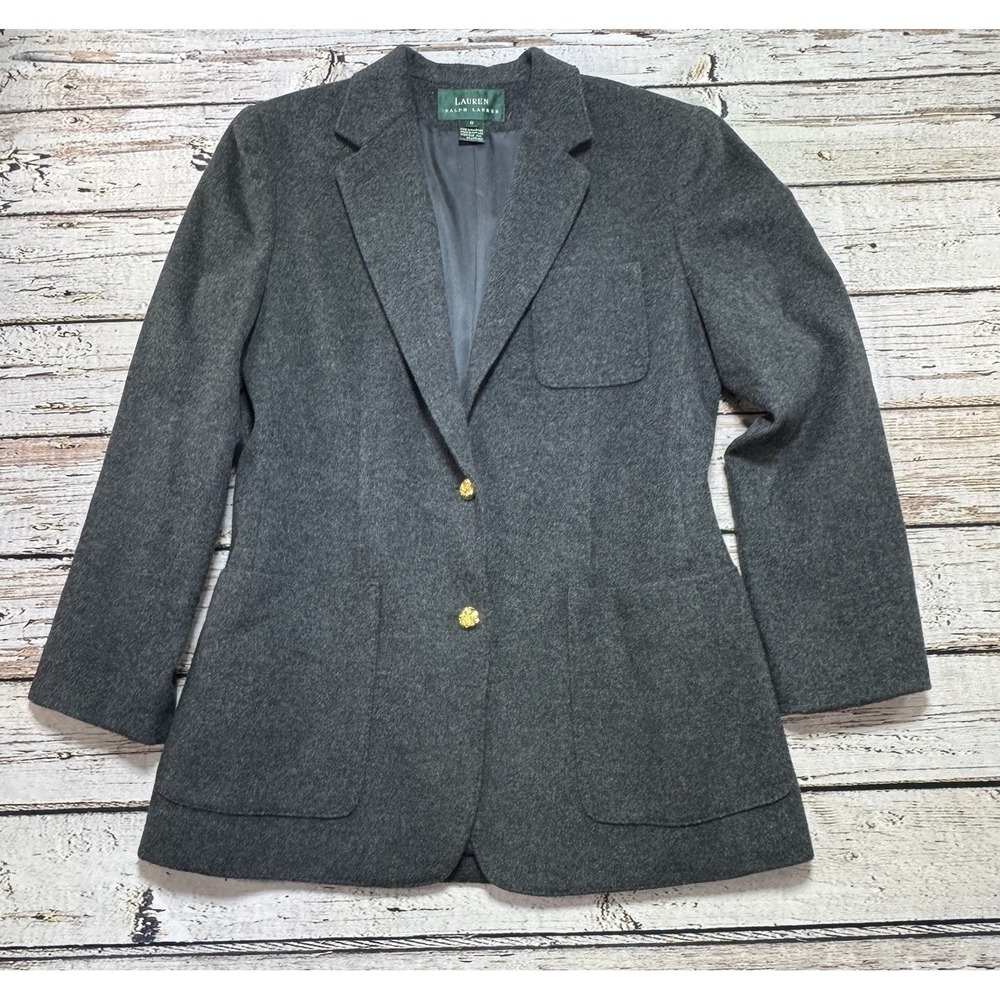 LAUREN Ralph Lauren Gray Wool Cashmere Blend Blazer Gold Buttons Women's Size 8